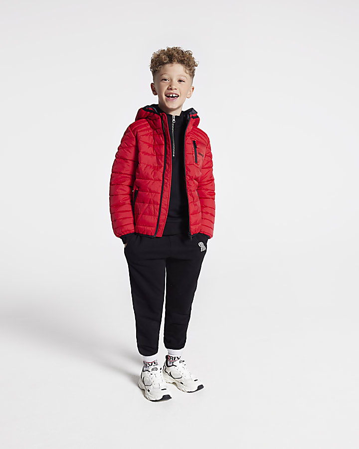 Red hooded padded jacket