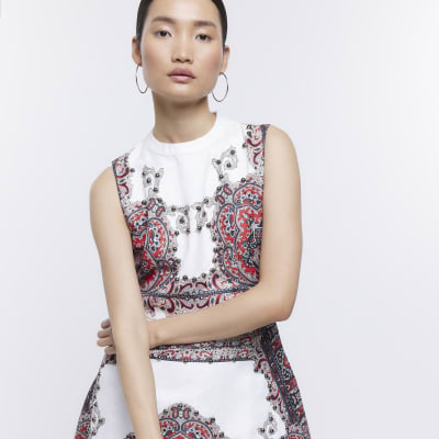 Red jacquard stud detail shift mini dress