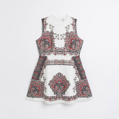 Red jacquard stud detail shift mini dress