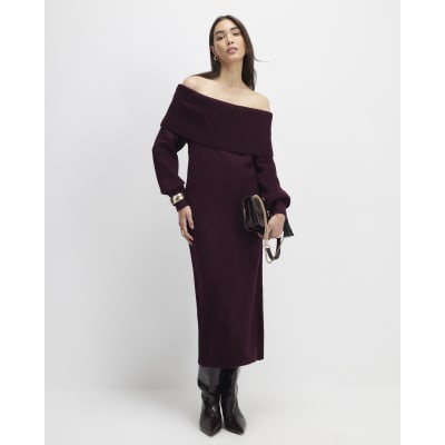 Red Knit Long Sleeve Bardot Midi Dress