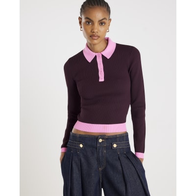 Red Knit Long Sleeve Ribbed Polo Top