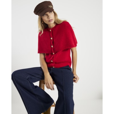 Red Knit Short Sleeve Cape Jumper