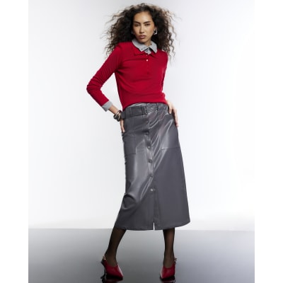 Red Knit Shoulder Pad Polo Top | River Island