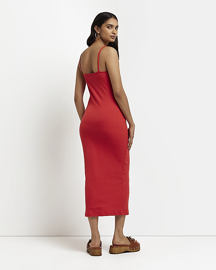 Red knitted bodycon midi dress
