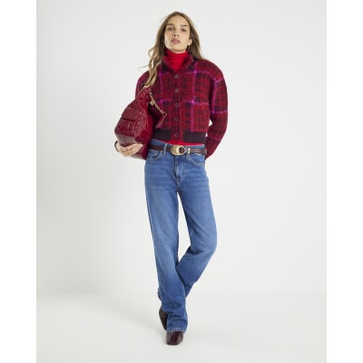 Red Knitted Check Bomber Jacket