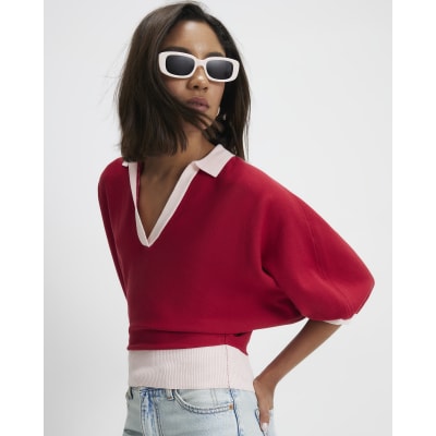 Knitted Block Slouch Polo Top
