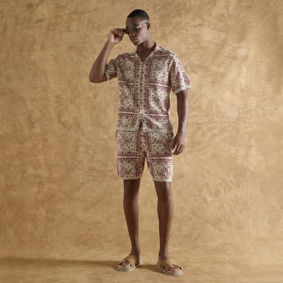 Red Knitted Drawstring Paisley Shorts