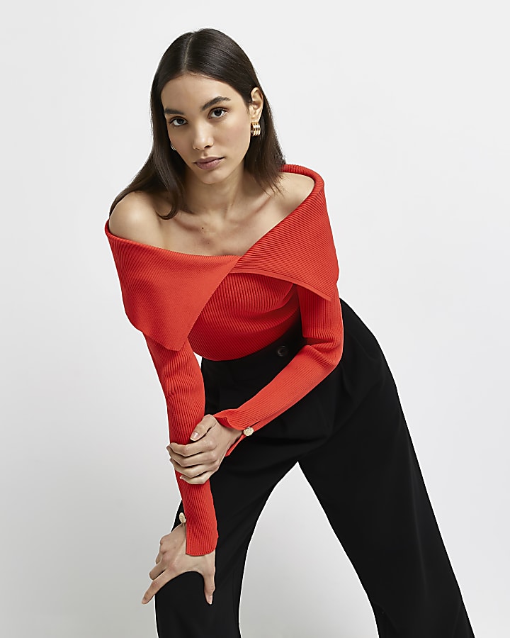 Red knitted fold over jumper