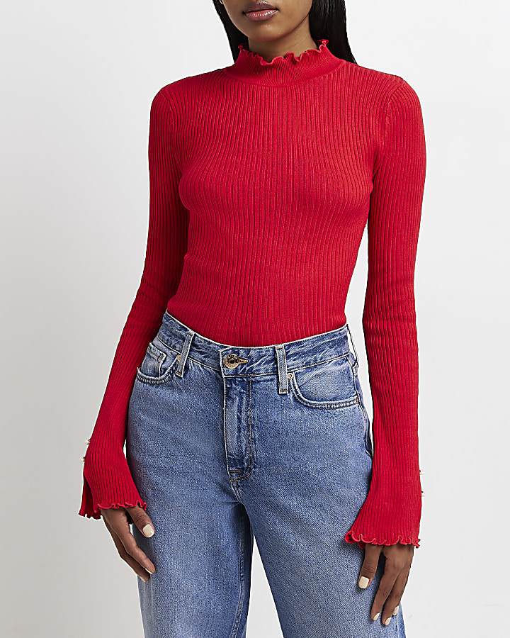Red knitted frill top
