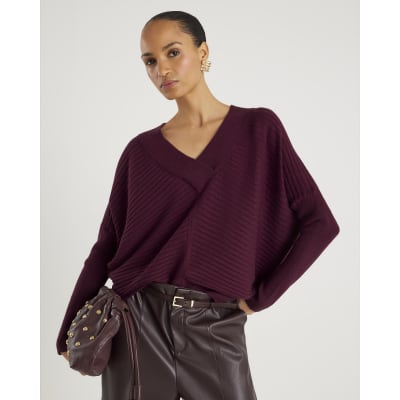 Red Knitted V Neck Ribbed Jumper