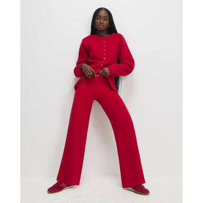 Red knitted wide leg trousers