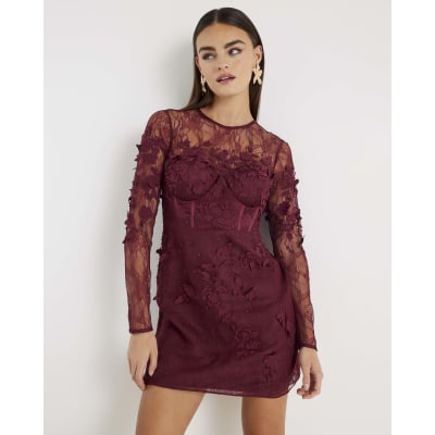 Red Lace Long Sleeve Embellished Mini Dress