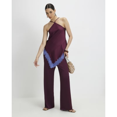 Red Lace Trim Halter Neck Top