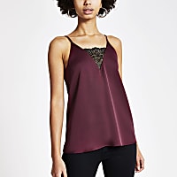 Red lace V neck satin cami top
