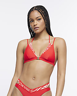 Red layered zebra print triangle bikini top