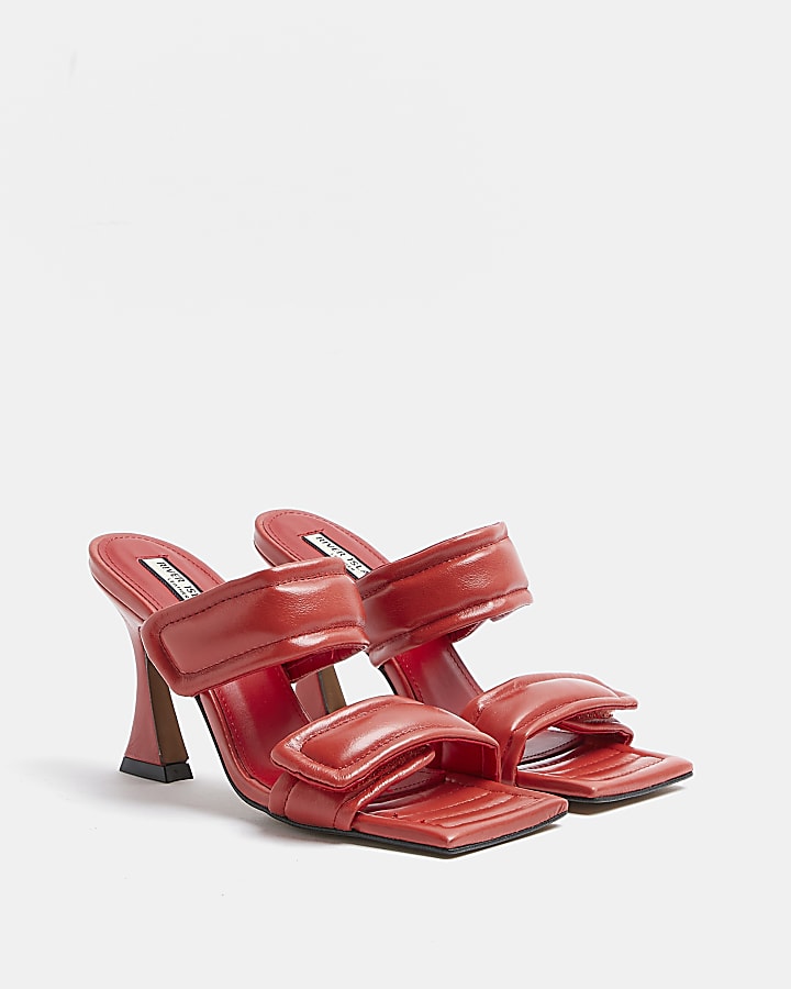Red leather double strap heeled mules