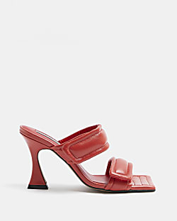 Red leather double strap heeled mules
