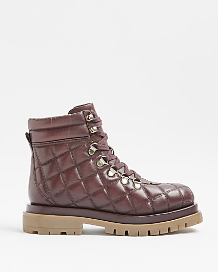 Red leather quilted hiking boots