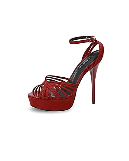 360 degree animation of product Red leather strappy high platform sandals frame-2