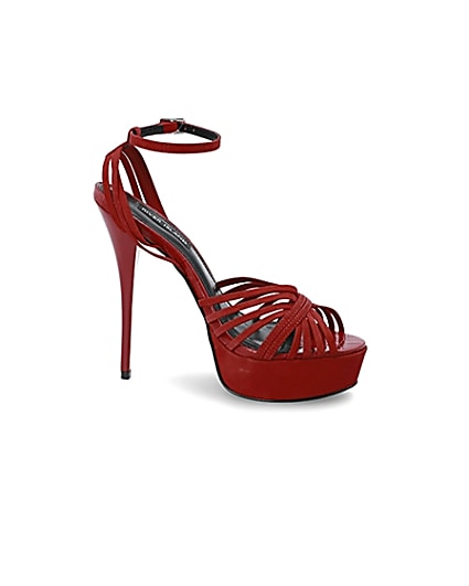 360 degree animation of product Red leather strappy high platform sandals frame-16
