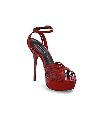 360 degree animation of product Red leather strappy high platform sandals frame-18