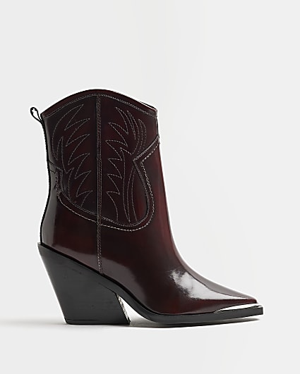 Red leather western heeled ankle boots