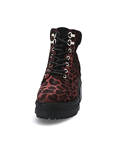 360 degree animation of product Red leopard print lace-up chunky boots frame-1