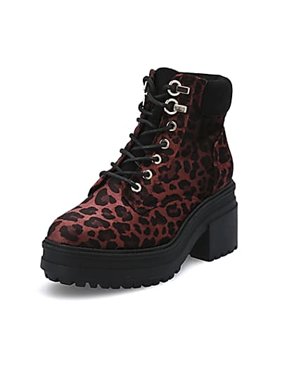 360 degree animation of product Red leopard print lace-up chunky boots frame-3