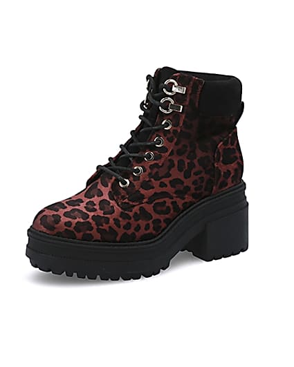 360 degree animation of product Red leopard print lace-up chunky boots frame-4