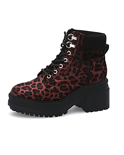 360 degree animation of product Red leopard print lace-up chunky boots frame-5