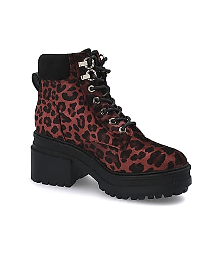 360 degree animation of product Red leopard print lace-up chunky boots frame-20