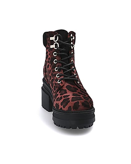 360 degree animation of product Red leopard print lace-up chunky boots frame-23