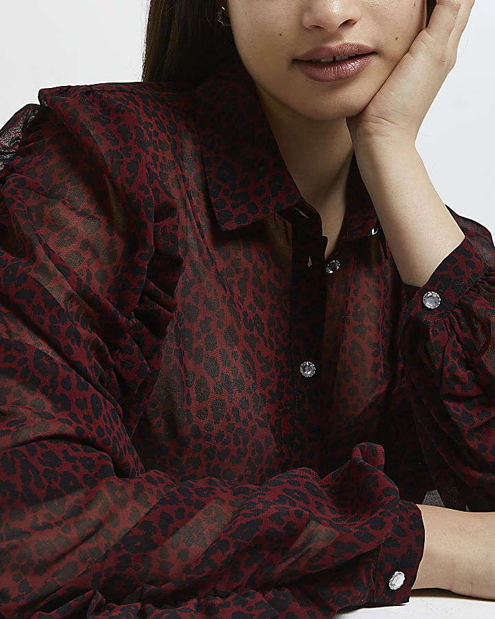Red leopard print ruffled chiffon shirt