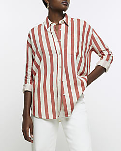 Red linen blend striped shirt
