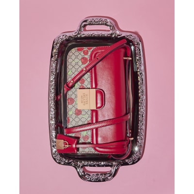 Red Lock Front Monogram Cherry Satchel Bag