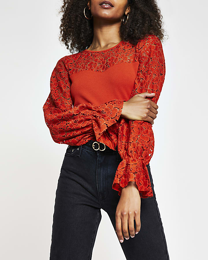 Red long puff sleeve blocked lace top