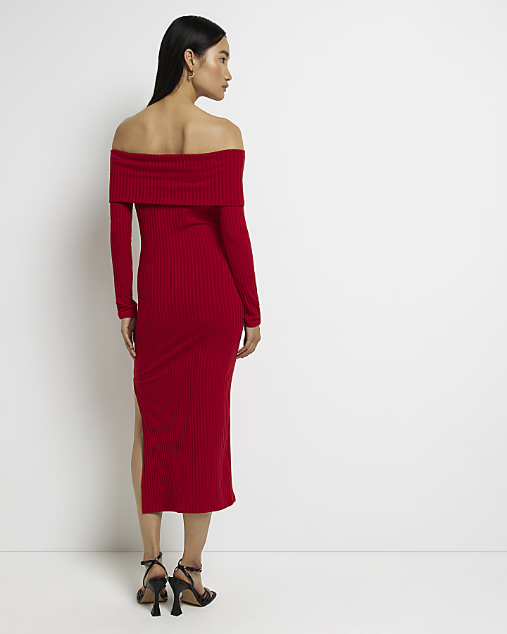 Red long sleeve bardot midi bodycon dress