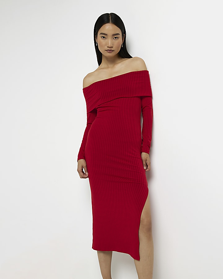 Red long sleeve bardot midi bodycon dress