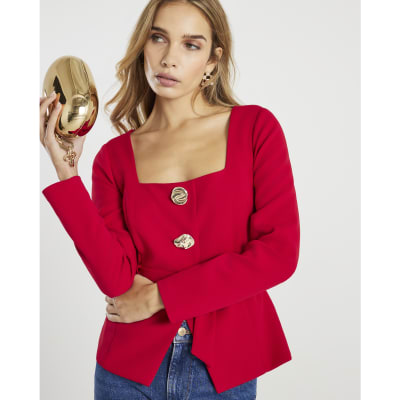 Red Long Sleeve Belted Mixed Button Blazer