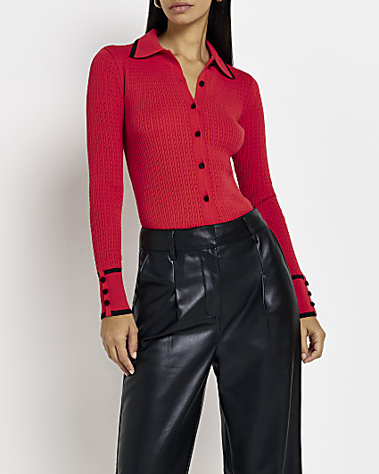 Red long sleeve collared top