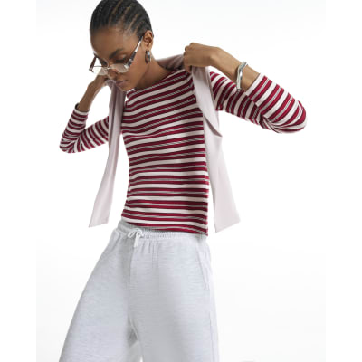 Red Long Sleeve Crew Neck Stripe Rib Top