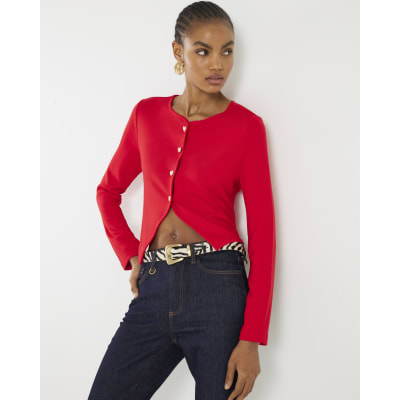 Red Long Sleeve Cropped Heart Cardigan