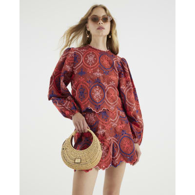 Red Long Sleeve Cutwork Detail Blouse