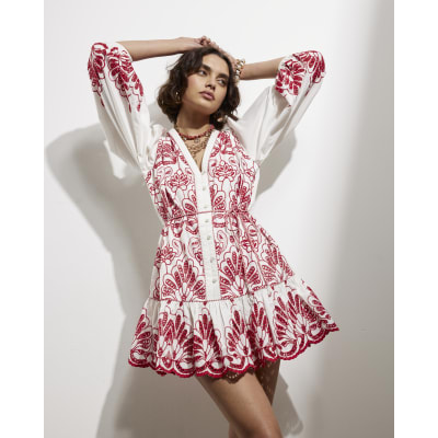 Red Long Sleeve Embroidered Shirt Dress | River Island