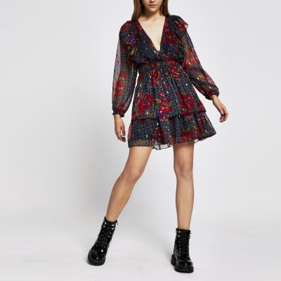 Red Long Sleeve Floral Ruffle Mini Dress River Island