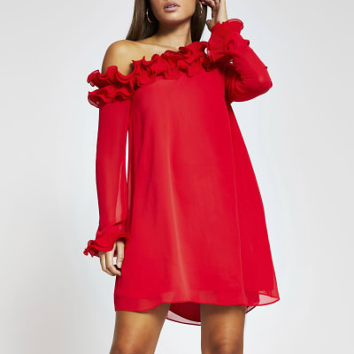 red one shoulder frill dress