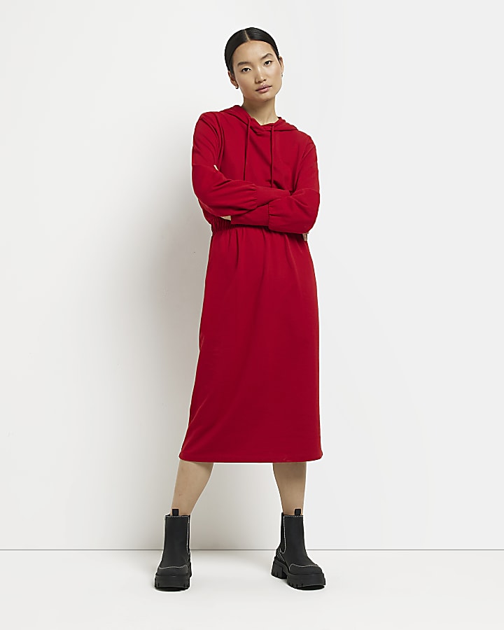 Red long sleeve hooded sweatshirt midi dress