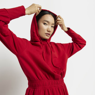 Red long sleeve hooded sweatshirt midi dress River Island