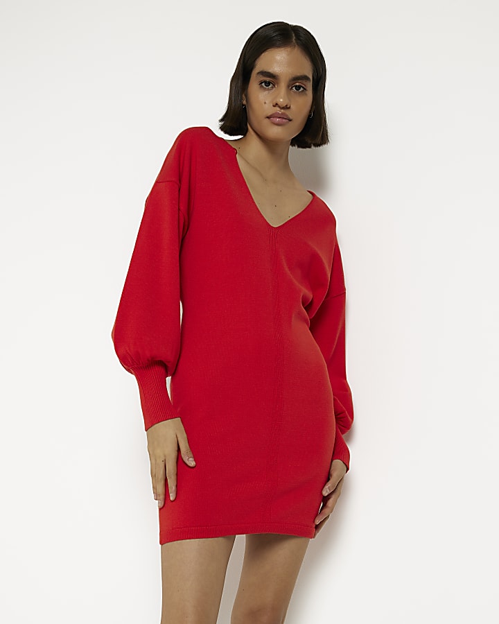 Red long sleeve jumper mini dress
