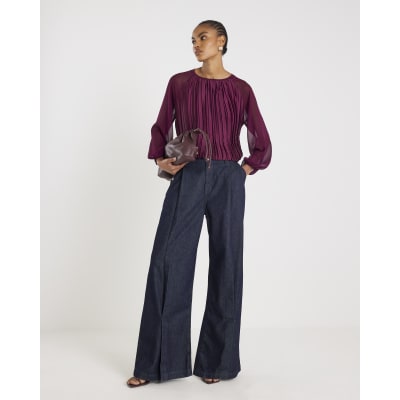 Red Long Sleeve Pleated Front Top